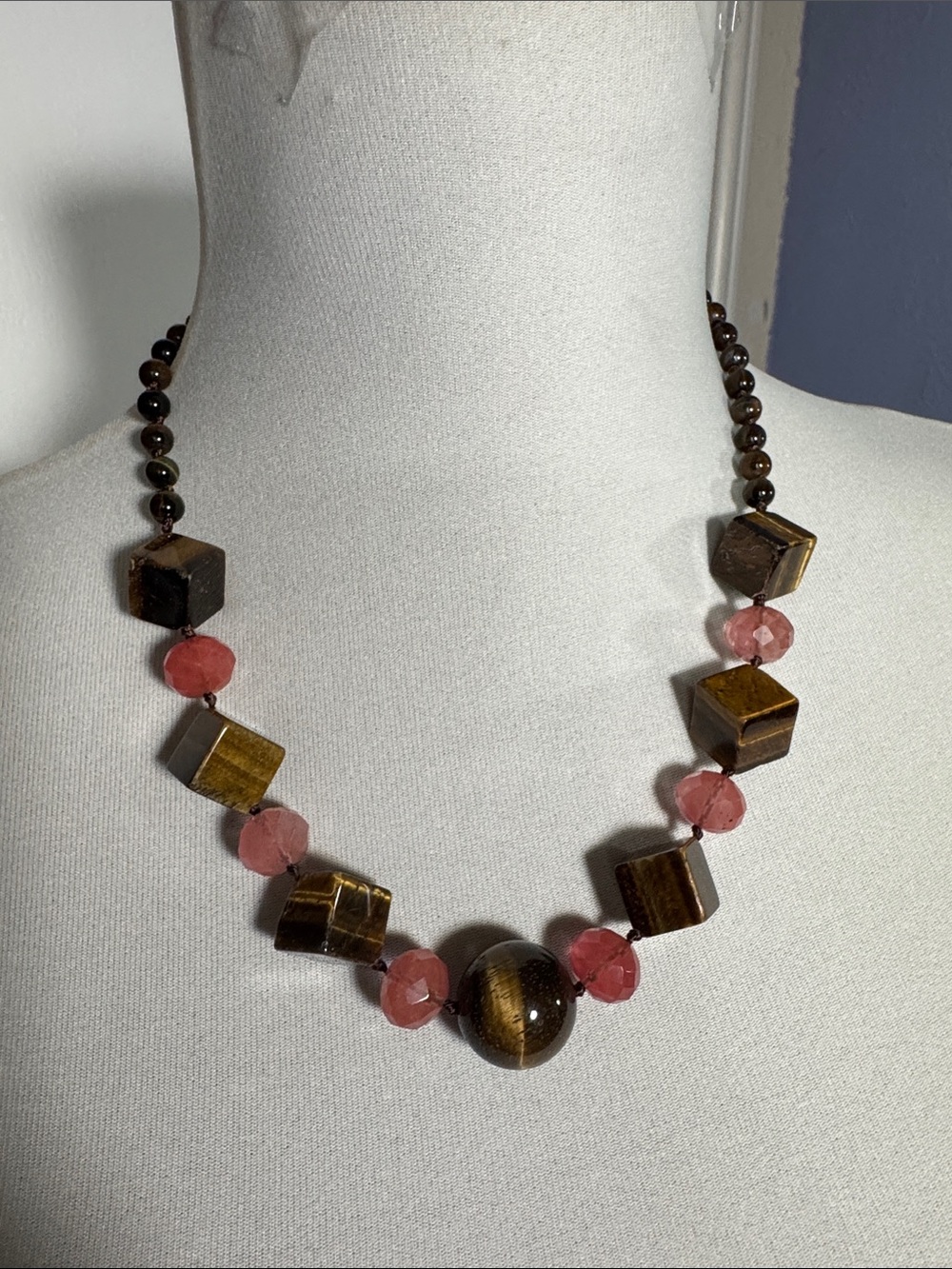 Tiger Eye and Pink Stone Beaded Necklace